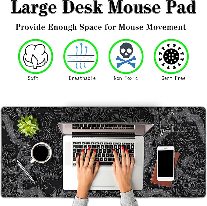 Computer Desk Pad - Black and White, Gaming Keyboard and Mouse Pad, Non-Slip Rubber Base, 35.4 X 15.7 inch for Work/Game/Office Topographic Map