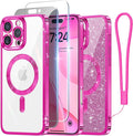 Meifigno Designed for iPhone 16 Pro Max Case 6.9", [Glitter Card & Wrist Strap], Compatible with MagSafe, 1X HD+1X Privacy Screen Protectors, Surround Lens Protection Designed for 16 ProMax, Hot Pink