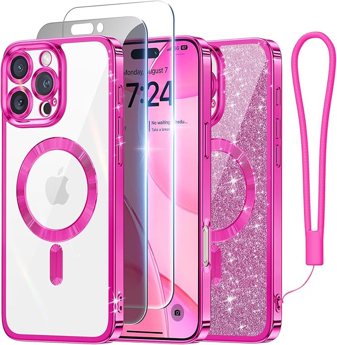 Meifigno Designed for iPhone 16 Pro Max Case 6.9", [Glitter Card & Wrist Strap], Compatible with MagSafe, 1X HD+1X Privacy Screen Protectors, Surround Lens Protection Designed for 16 ProMax, Hot Pink