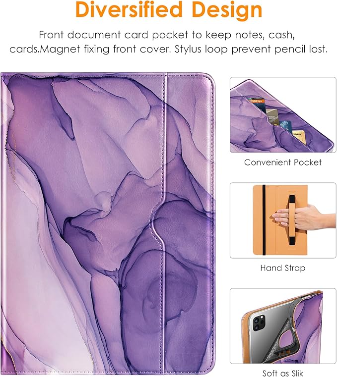 DTTO for iPad Pro 12.9 6th / 5th / 4th / 3rd Generation Case 2022/2021/2020/2018, Leather Folio Stand Cover with Built-in Apple Pencil Holder -Auto Wake/Sleep and Multi Viewing Angles, Purple Marble