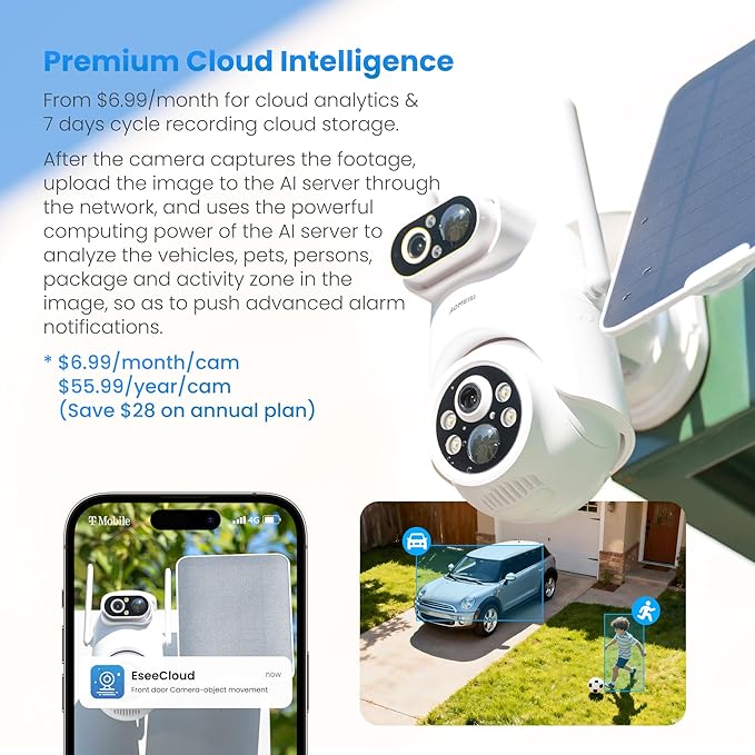 Eseecloud Dual Lens Solar Security Camera Wireless Outdoor, 5GHz Wi-Fi, Battery, AI Motion Tracking,Color Night Vision, Two Way Audio, Easy to Setup, Audible Flashlight Siren, 180 Days Exchange Policy