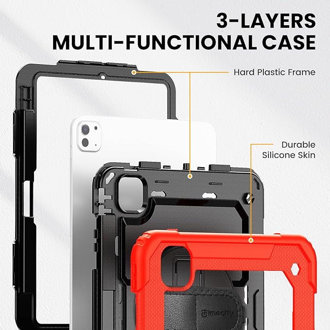 timecity Case for iPad Pro 11 Inch M5 2025 / M4 2024, 360° Rotating Stand, Pencil Holder & Wireless Charging, Shockproof with Screen Protector & Shoulder Strap - for Designers & Professionals, Red