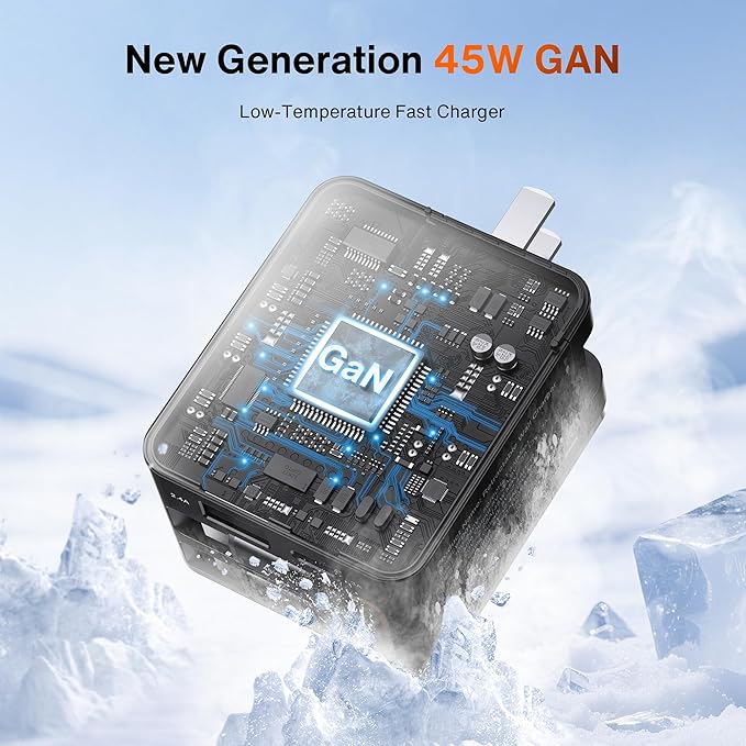 4-in-1 Retractable GaN 45W Wall Charger Plug for iPhone 17, Travel Essentials Brick Multiport Dual 31.5" Cables (USB C+Lightning) Adapter Fast Charging Block for iPhone 17/16/15/14/13/12,MacBook Neo