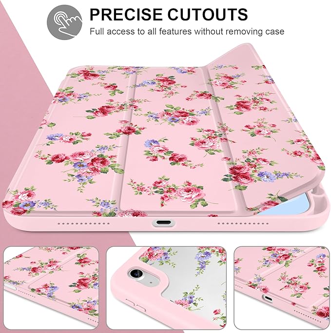 Case for iPad Air 11 inch M4 2026 M3 2025 M2 2024,iPad Air 5th (2022) / 4th (2020) 10.9 Inch Clear Back Shell Shockproof TPU Edge Trifold Stand Auto Wake Sleep Cute Cover, Elegant Rose