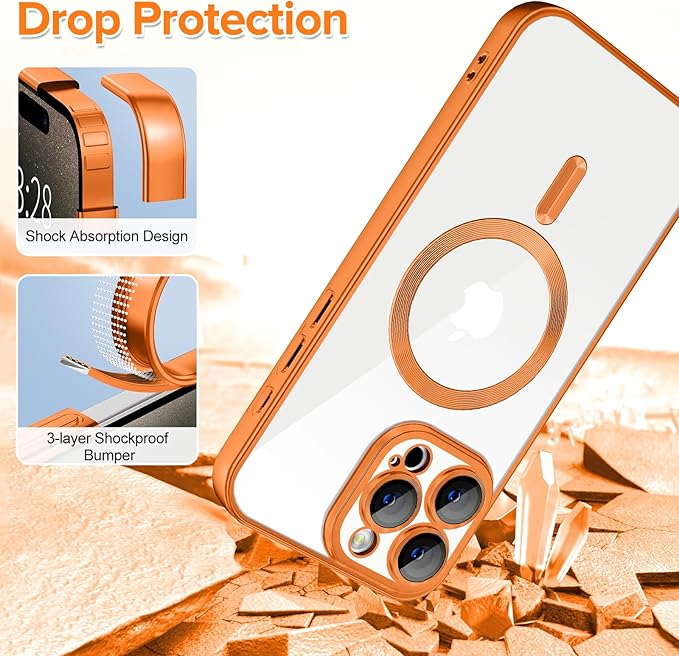 Hython Magnetic Clear for iPhone 15 Pro Case with Camera Lens Protector [Compatible with MagSafe] Luxury Plating Edge Slim Soft TPU Cover Protective Phone Case for iPhone 15 Pro 6.1", Matte Orange