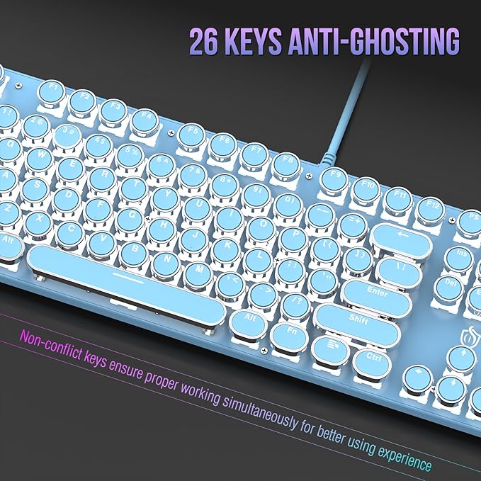 Typewriter Mechanical Gaming Keyboard with RGB Backlit Red Switches, 104 Keys Retro Round Keycap, Wired Typewriter Style Comfortable Typing Soud (Blue)