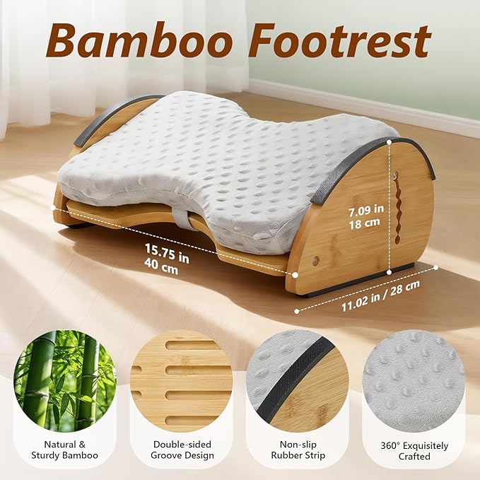 Foot Rest Under Desk, Under Desk Footrest, 4-in-1 Bamboo Desk Foot Rest with 6 Adjustable Heights & Massage Cushion, Foot Stool for Couch, Office Home, Gaming & Relieve Pressure on Legs, Waist & Back
