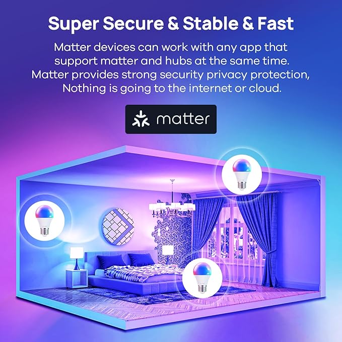 Consciot Matter WiFi Smart Light Bulbs Works with Alexa/Google Home/Apple Home/Siri/SmartThings, RGBTW Color Changing LED Light Bulb That Music Sync, A19 E26 60W Equi, 2.4Ghz WiFi&Bluetooth, 2 Pack