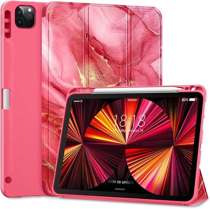 DTTO for iPad Pro 11 inch 4th/3rd/2nd/1st Generation 2022/2021/2020/2018 Case, Smart Slim Trifold Stand Soft TPU Back Cover with Built-in Pencil Holder, Also Fit iPad Air 5/4,Red Marble