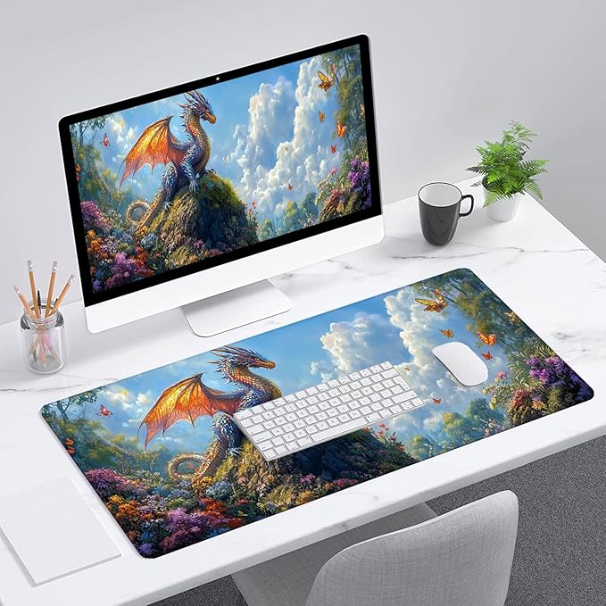 Fantasy Dragon Desk Pad Mouse Pad Forest Colorful Butterfly Flower Mousepad XL Large Gaming Mouse Pad Laptop Keyboard Mat Desk Pad 31.5"x11.8" Office Home Decor for Women Girl