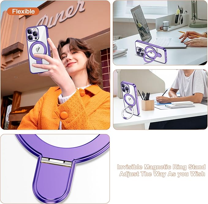 Compatible with iPhone 13 Pro Max Case with Magnetic Ring Stand [Compatible with Mag-Safe] [Full Camera Lens Protector] Plating Clear Phone Case for iPhone 13 Pro Max 6.7", Purple