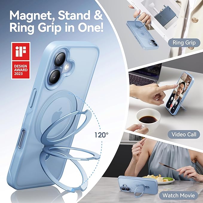 CASEKOO Ultra-Magnetic Stand for iPhone 17 Case [Military Drop Protection] [Compatible with MagSafe] Shockproof Translucent Slim Matte for iPhone 17 Phone Case with Ring Holder 6.3 Inch, Light Blue