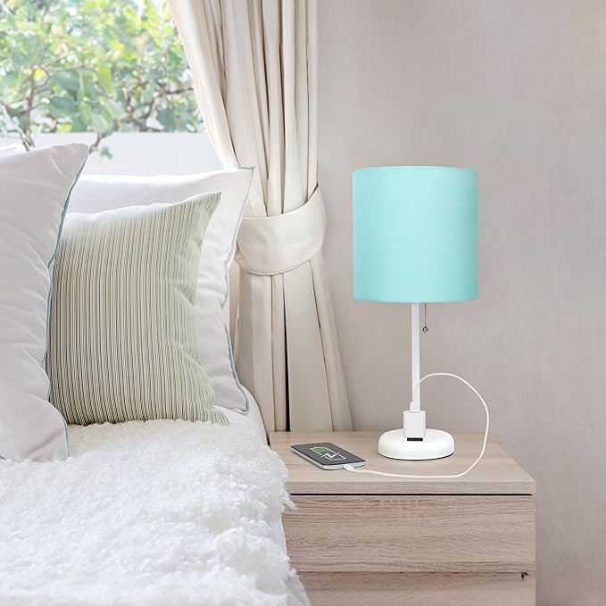 Simple Designs LT1144-AOW Sleek and Slender White Table Lamp with Charging Outlet, for Bedroom, Living Room, Entryway, Office, Dining Room, Study, Aqua Shade