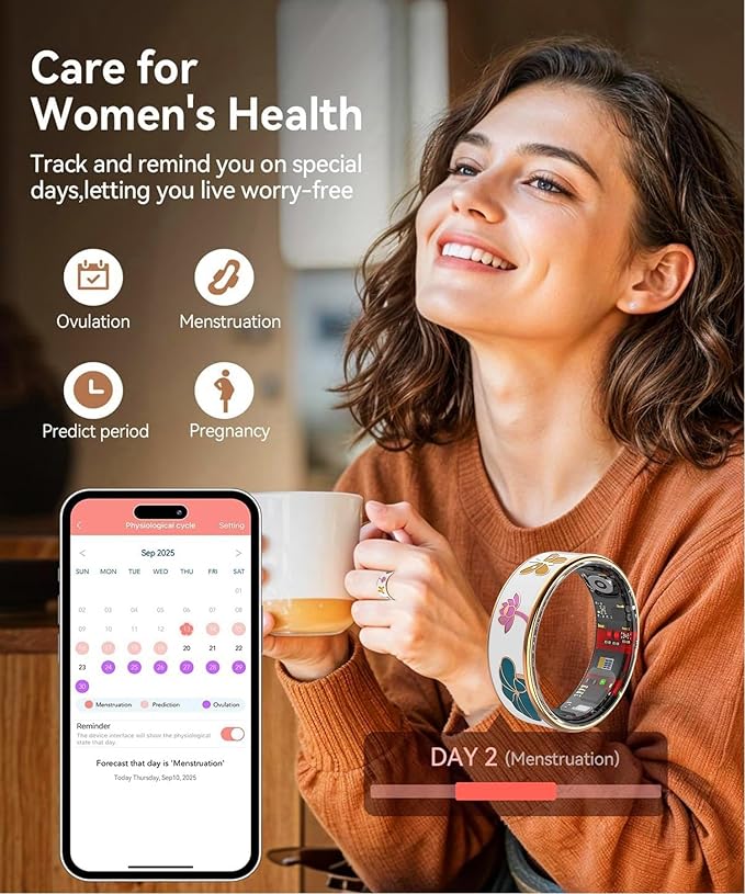 Smart Ring for Women,Fitness Tracker with Heart Rate,Blood Oxygen,Menstrual Cycle,Sleep Monitoring,Step Counting,IP68 Waterproof for iOS and Android,No Subscription Fee (8#)