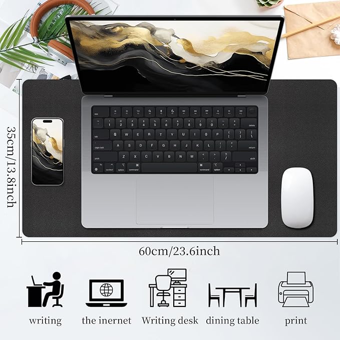 Bloss Black Leather Desk Mat Protector,Laptop Desk Pad,Desk Writing Pad,Leather Mouse Pad,Office Desks Mats,Desk mat for Keyboard and Mouse,Dual-Side Computer Mouse Pads for Office/Home.23.6"x 13.8"