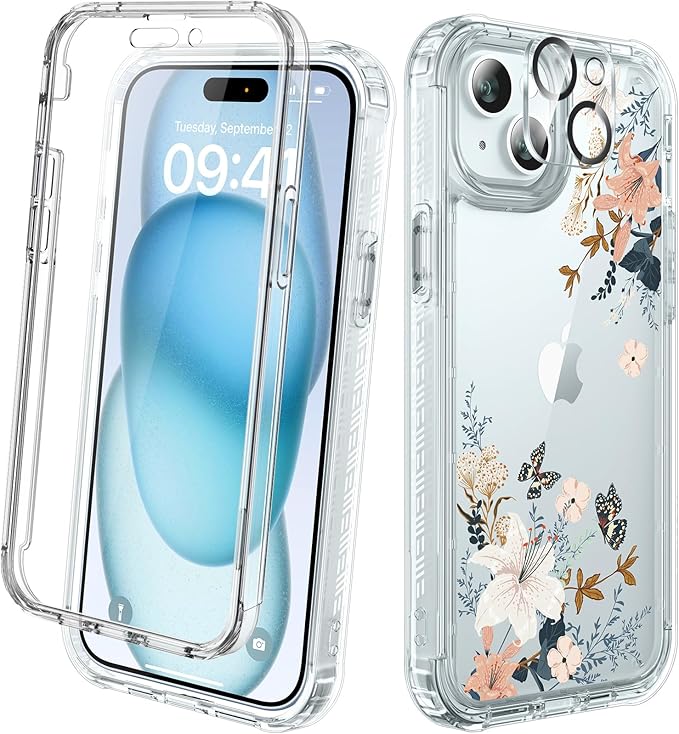 Diaclara Designed for iPhone 15 Case, Full Body Rugged Case with Built-in Touch Sensitive Anti-Scratch Screen Protector, with Camera Lens Protector for iPhone 15 6.1" (Lily) Butterfly