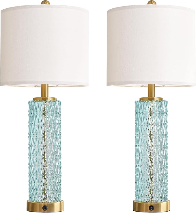 Oneach 27.75" Coastal Table Lamps Set of 2, Clear Blue Bedside Lamp with Glass Nightlight, USB A+C, Unique Desk Lamps for Living Room, Bedroom, Nightstand, End Table (2 Bulbs Included)
