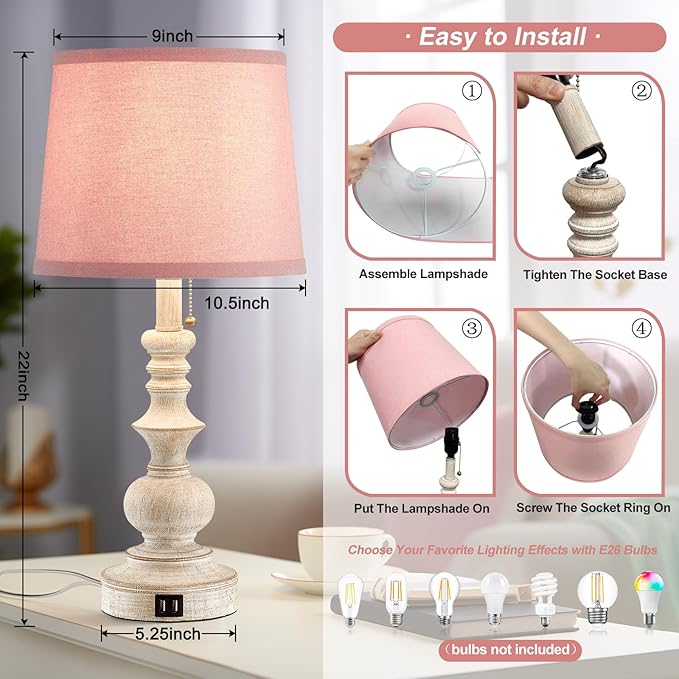 Drawealth 22'' Bedside Table Lamps Set of 2 Modern Farmhouse Nightstand Lamps for Bedroom with USB Charging Ports Vintage Boho Table Lamps for Girls Kids Living Room,Pink Shade,Bulbs Not Included