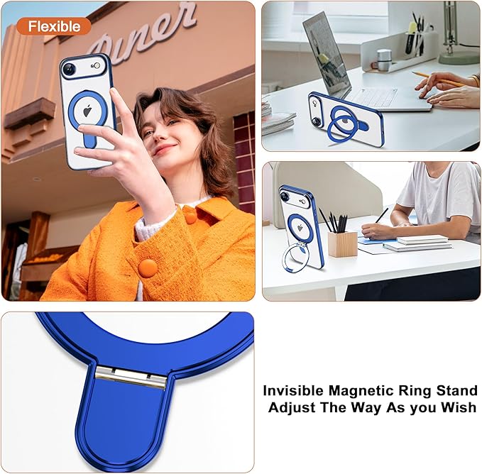 Compatible with iPhone 17 Air Case with Invisible Magnetic Ring Stand [Compatible with Mag-Safe] [Full Camera Lens Protector] Plating Clear Phone Case for iPhone 17 Air 6.5", Blue