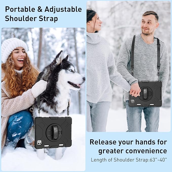 SUPFIVES 2024 iPad Pro 11 Inch Case M4 (5th Generation), with Screen Protector/Shoulder Strap/Pencil Holder/Handle/Rotating Stand, Black