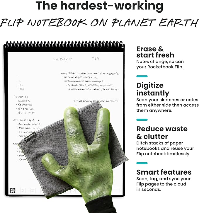 Rocketbook Flip Reusable Smart Notepad, Top Bound Spiral Notebook Lined and Dotted Pages Letter Size 8.5x11, Premium, Teal (Pack of 1)