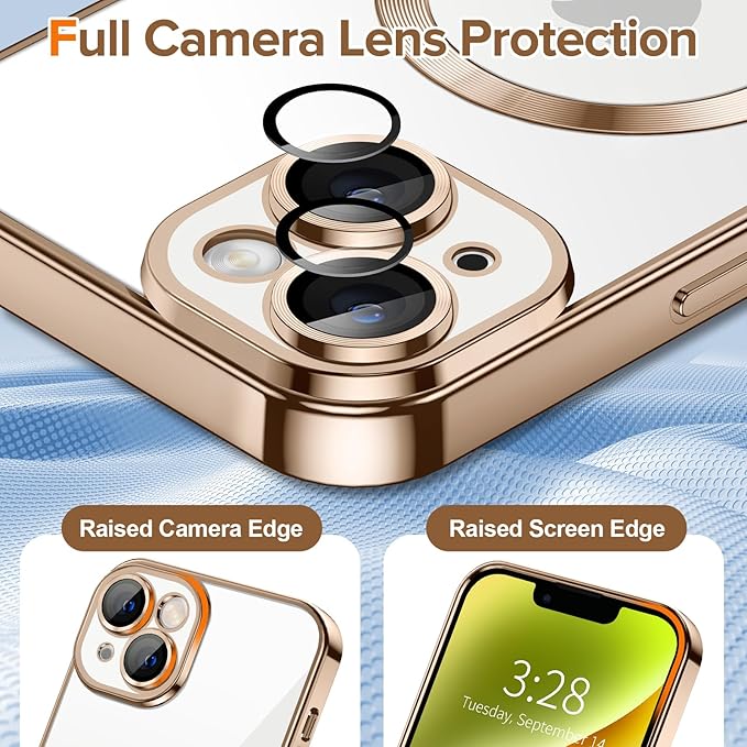 Hython Magnetic Clear for iPhone 14 Plus Case with Camera Lens Protector [Compatible with MagSafe] Luxury Plating Edge Slim Soft TPU Cover Protective Phone Case for iPhone 14 Plus 6.7", Desert Brown