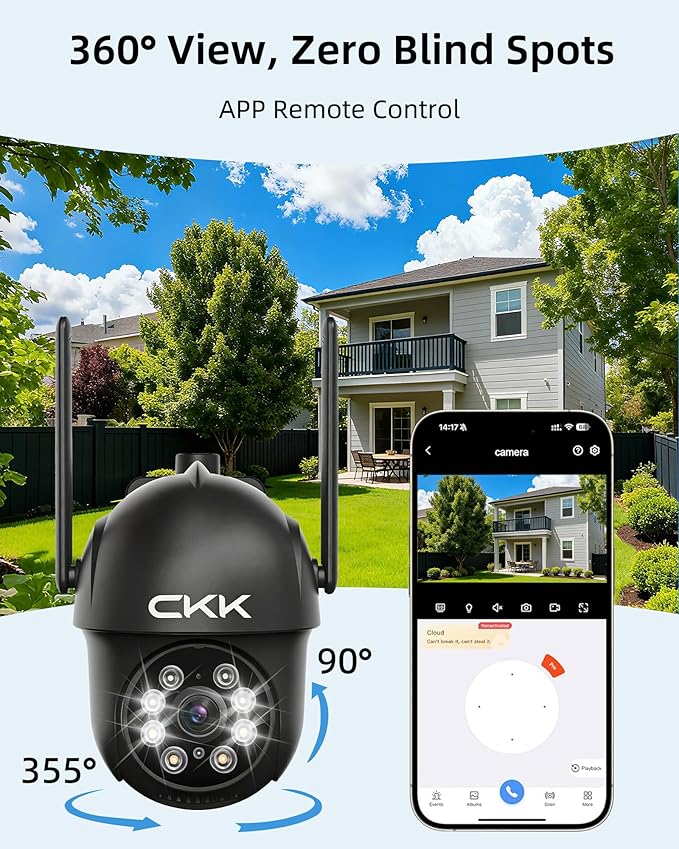 CKK 2K Security Camera Outdoor Corded Power, 3MP PTZ WiFi Home Security Camera - 2.4G/5G Dual-Band, 360° Pan-Tilt, Color Night Vision, Motion Alerts, 2-Way Audio, 24/7 Recording, Waterproof