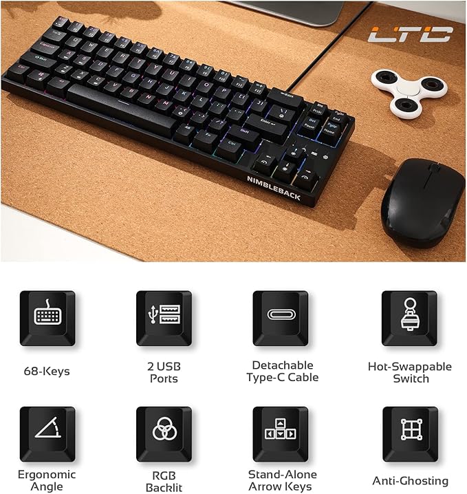 LTC NB681 Nimbleback Wired 65% Mechanical Keyboard, RGB Backlit Ultra-Compact 68 Keys Gaming Keyboard with Hot-Swappable Switch and Stand-Alone Arrow/Control Keys (Hot Swappable Red Switch, Black)