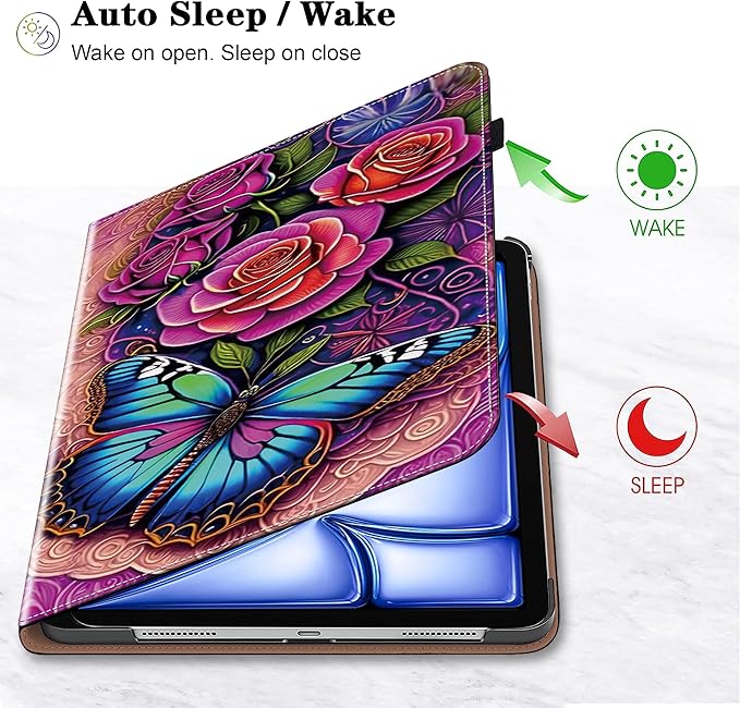 Case for iPad Air 13 inch M4 2026/M3 2025/M2 2024 with Pencil Holder & Card Slots & Auto Sleep, Embossed PU Leather Stand Magnetic Shockproof Cover Case for iPad Air 13 - Colorful Butterfly