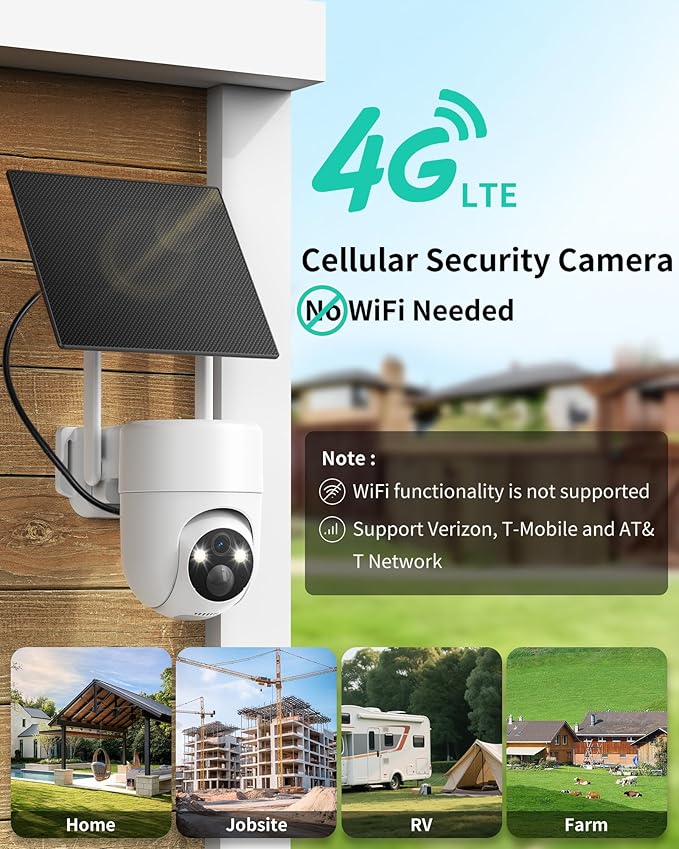 LIWAN 4G LTE Cellular Security Cameras Wireless Outdoor 2-Pack, Solar Powered No WiFi Security Camera with SIM Card, 2K HD Color Night Vision, 360° View Off-Grid Cam for Farm, Cabin, Construction Site