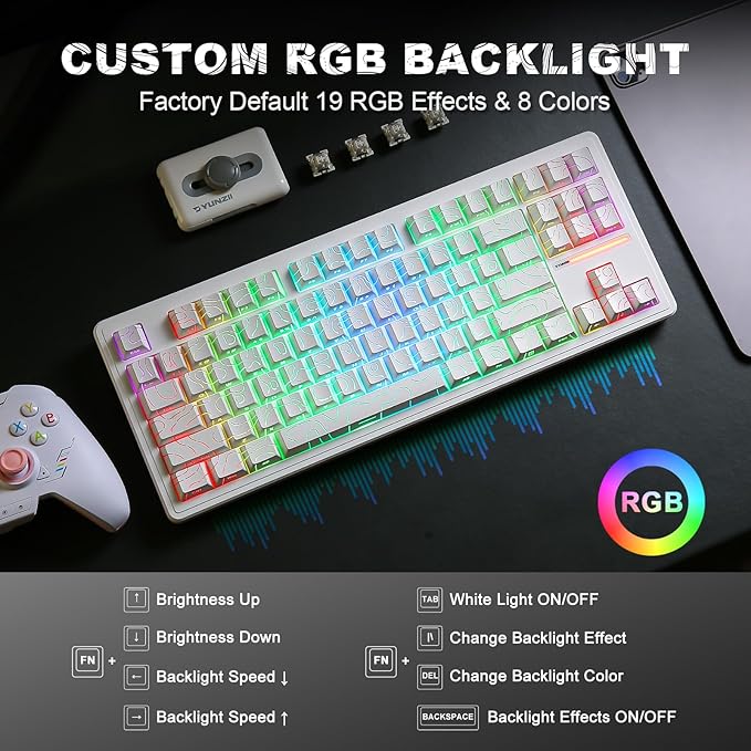 YUNZII YZ87 Gasket Mechanical Keyboard,TKL Wireless Hot Swappable with 5-Layer Padding, BT5.0/2.4G/USB-C NKRO RGB Backlit for Win/Mac(White Line, Milk Switch)