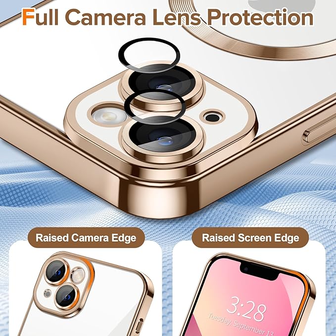 Hython Magnetic Clear for iPhone 13 Case with Camera Lens Protector [Compatible with MagSafe] Luxury Plating Edge Slim Soft TPU Cover Protective Phone Case for iPhone 13 6.1", Desert Brown