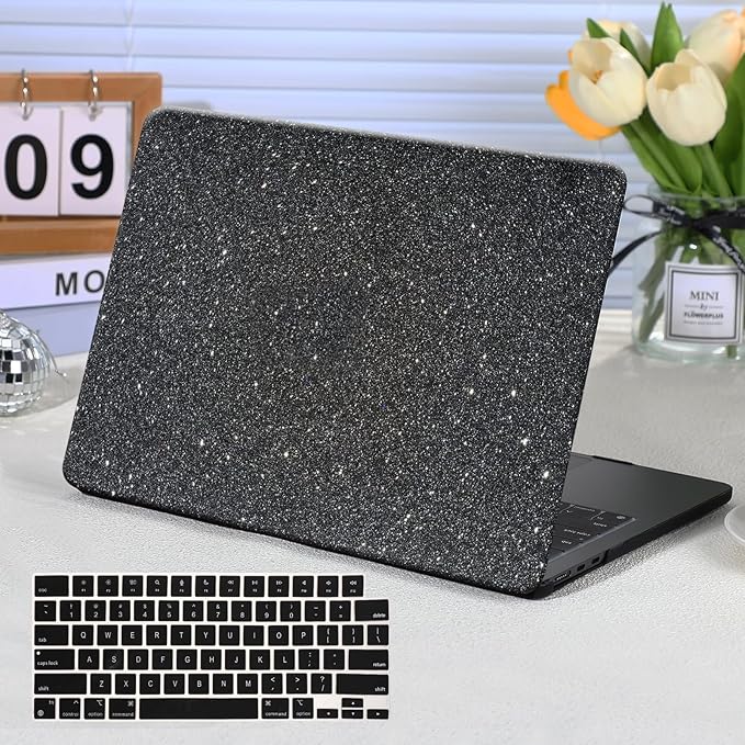 Funut for MacBook Pro 14 inch Case M5 2026 M4 2025 M3 M2 M1 2024-2021 A3427 A3426 A3434 A3112 A3185 A3401 A2918 A2992 A2779 A2442, Glitter Leather Hard Shell Case +Keyboard Cover, Shiny Gray