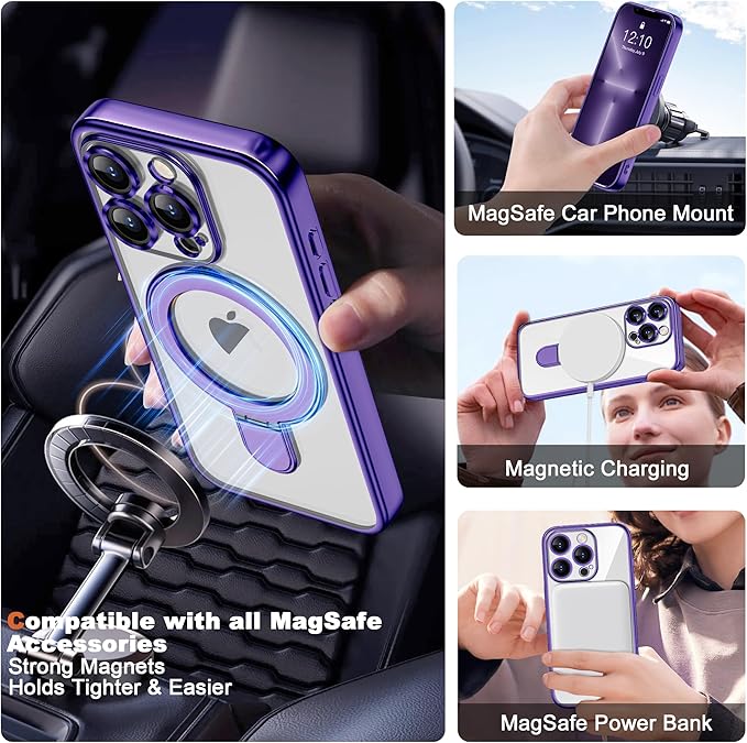 Compatible with iPhone 13 Pro Case with Invisible Magnetic Ring Stand [Compatible with Mag-Safe] [Full Camera Lens Protector] Plating Clear Phone Case for iPhone 13 Pro 6.1", Purple