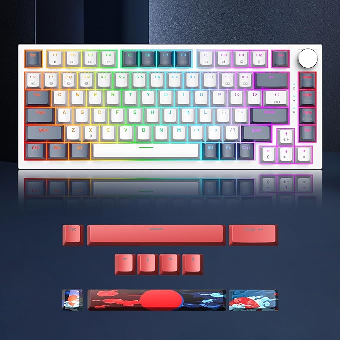 Owpkeenthy Wired 75% Mechanical Gaming Keyboard, 82 Key Gasket Mechanical Keyboard with Volume Knob Hot Swappable Linear Red Switch RGB Backlit for PC Laptop (White Earth)
