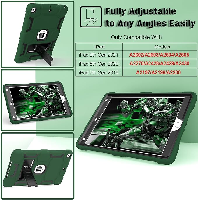 CCMAO for iPad 9th Generation Case, iPad 8th 7th Generation Case, iPad 10.2 Inch 2021/2020/2019 Case, Heavy Duty Rugged Shockproof Protective Cover with Kickstand, Dark Green+Black