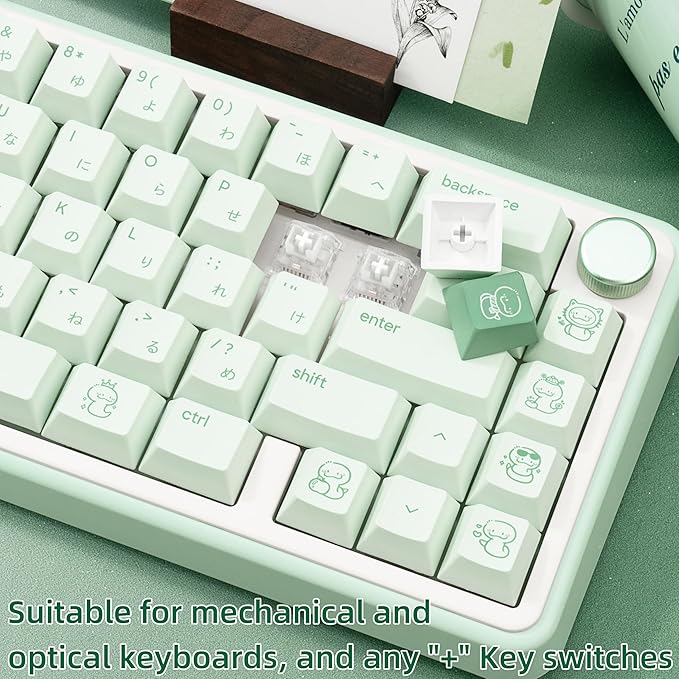 134 Keys Gradient Green PBT Keycaps - 5-Side Dye-Sublimation Cute Snake Elements, Japanese Root Characters, Cherry Profile Keycaps Set for Mechanical Keyboard (60/65/75/80/100 Layouts)