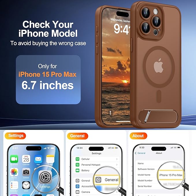 Magnetic Compatible with iPhone 15 Pro Max Case, [Built-in Kickstand][Full Camera Protection][Compatible with MagSafe][Anti-Fingerprint] Shockproof Phone Case for iPhone 15 Pro Max 6.7",Brown