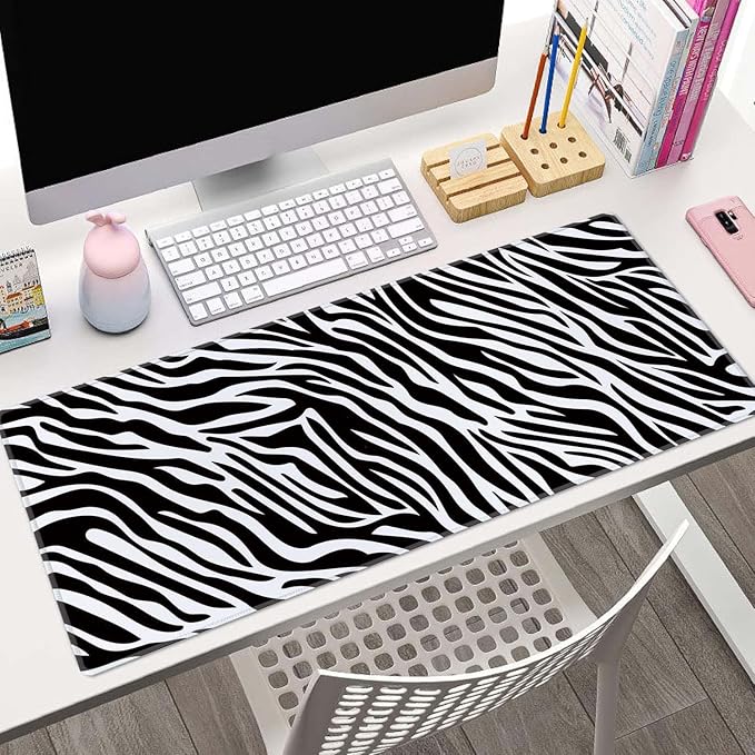 Trendy Zebra Skin Pattern Desk Pad Mouse Pad,Large Gaming Mouse Mat with Stitched Edges,Non-Slip Waterproof Rubber Base Mous Mat for Office Computer Keyboard Laptop Home(31.5X11.8 in)