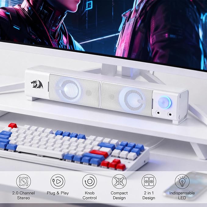 Redragon GS550 PC Gaming Speakers, 2.0 Channel Desktop Computer Sound Bar with Compact Maneuverable Size, Headphone Jack, Quality Bass & Decent Red Backlit, USB Powered w/ 3.5mm Cable, White