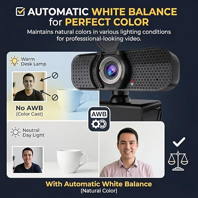4K Webcam with Autofocus & Tripod, Camera for PC Laptop with Dual Microphone, USB Computer Camera with Low Light Correction, Auto White Balance, Video Camera for Streaming, Meetings, Office, Zoom