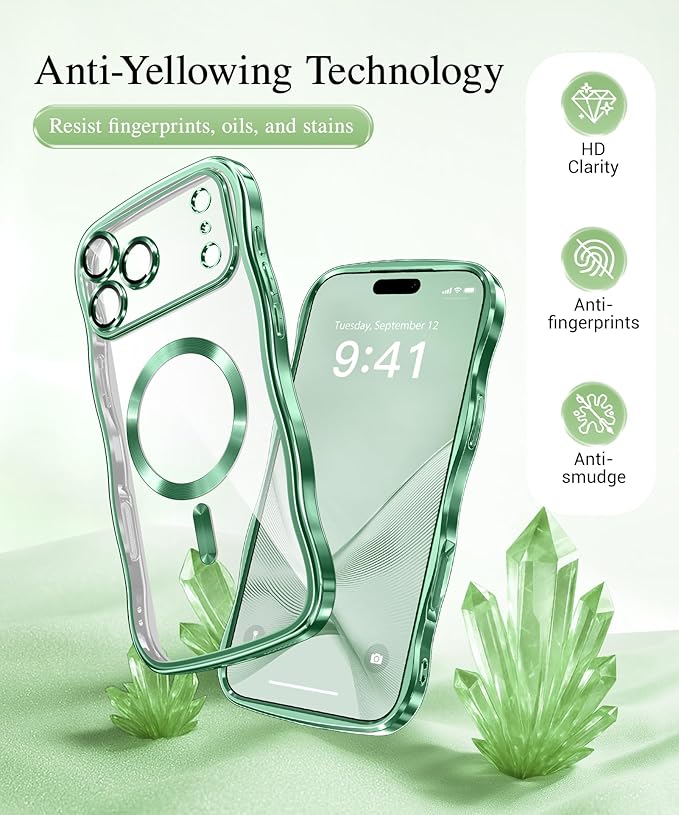 GVIEWIN for iPhone 17 Pro Case Compatible with MagSafe, Upgraded [Full Camera Protection][Cute Wave Frame][Military Grade Protection] Electroplated Hard Phone Cover for Women Girl, Clear/Green