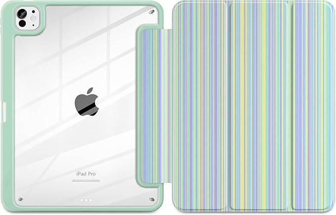 Case for iPad Pro 13 inch (M5) 2025 (M4) 2024 Release with Pencil Holder - Aesthetic Cute Design Trifold Cover with Soft TPU Bumper Clear Back Auto Sleep/Wake for Girls Women, Lines Green