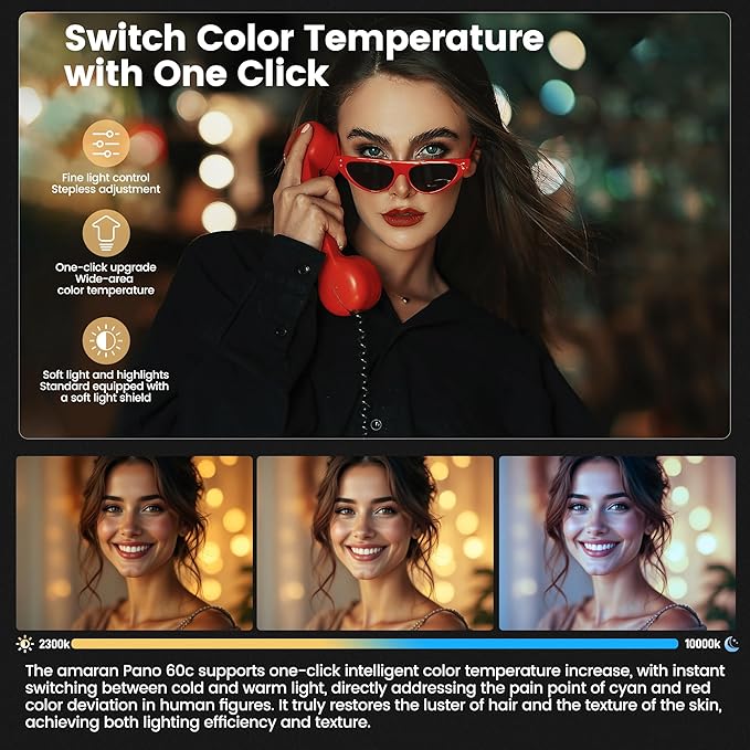 Amaran Pano 60c Kit Led Video Panel Light 60W RGBWW Full Color Lights,CCT 2,300K-10,000K,12 Lighting Efects,App Control,Support USB-C PD,with Softboxes and Carrying Case (White)