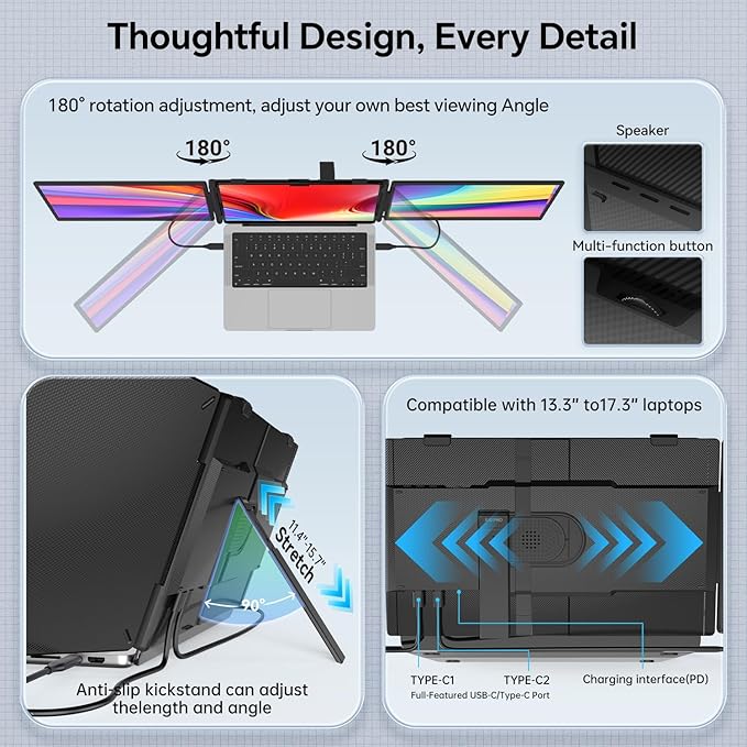 Laptop Screen Extender, 14" FHD 1080P Ultra-Thin Triple Portable Monitor, USB-C/USB-A Connection, Plug & Play, Travel Monitor for Mac/Windows/Chrome, Fits 13-17.3" Laptops