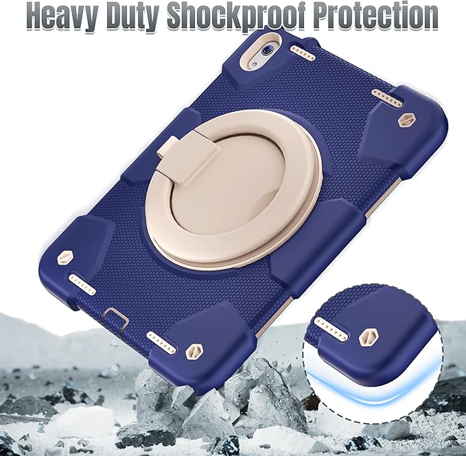 Andnary Case for iPad (A16) 11th /10th Generation 11/10.9 Inch 2025/2022 with Screen Protector/360° Rotate Stand/Shoulder Strap/Pencil Holder, Shockproof iPad 11th/10th Gen Cover (Navy+White)