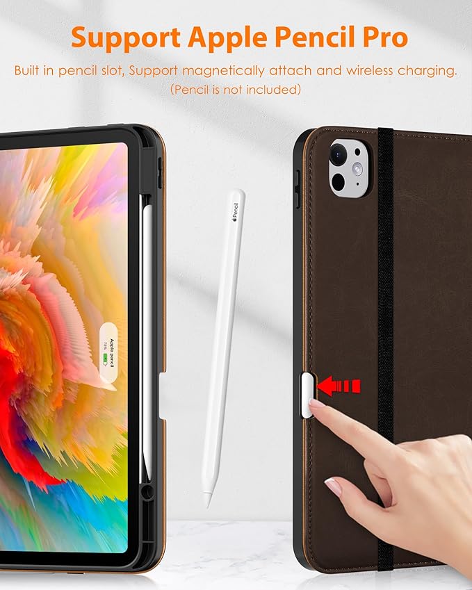 DTTO for iPad Pro 13 inch Case (M5/M4) 2025/2024, Premium Leather Business Folio Stand Cover with Pencil Holder - Auto Wake/Sleep & Multiple Viewing Angles, Built in Hand Strap & Pocket, Dark Brown