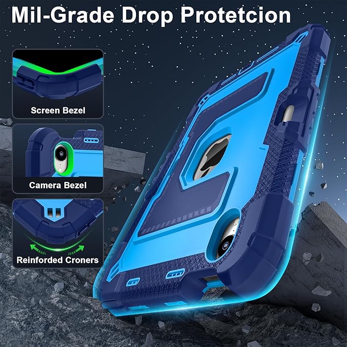 Kids Friendly Case for Apple iPad mini 7 A17 Pro 2024/iPad Mini 6 2021 8.3 Inch 7th/6th Gen Case with Pencil Holder & Shoulder Strap, Shockproof Kickstand Hard Shell Protective Cover,Blue