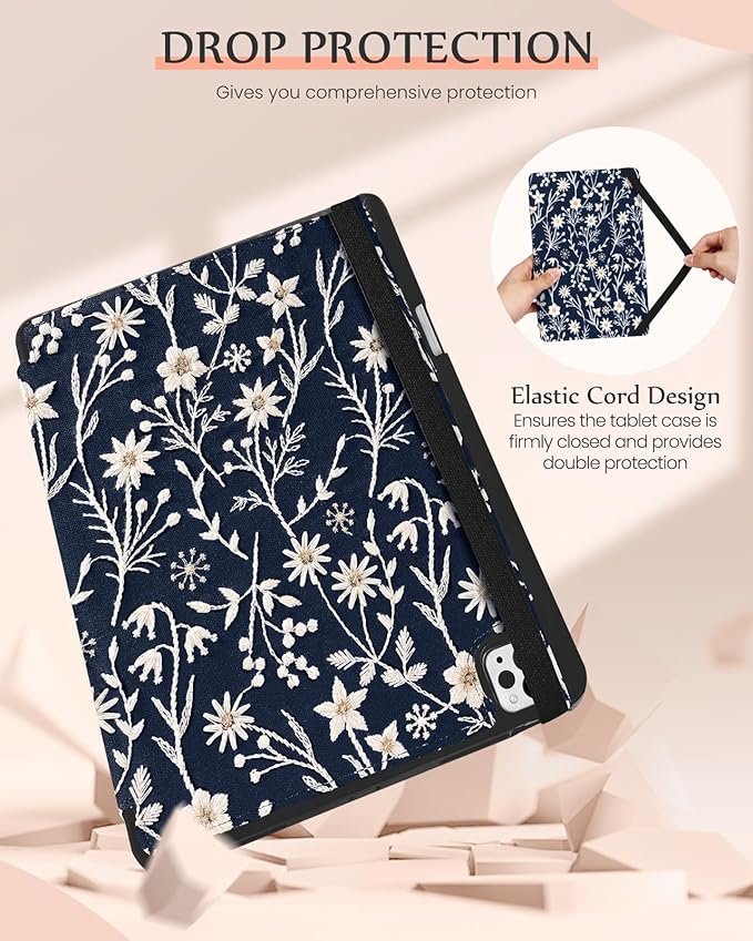 Uppuppy for iPad Air 13 Inch Case M3 2025/M2 2024, for iPad Pro 12.9 Case 6th/5th/4th/3rd Gen - Women Girls Cute Embroidered Folio Stand Cover with Pencil Holder & Card Slot Design Girly Kawaii Flower