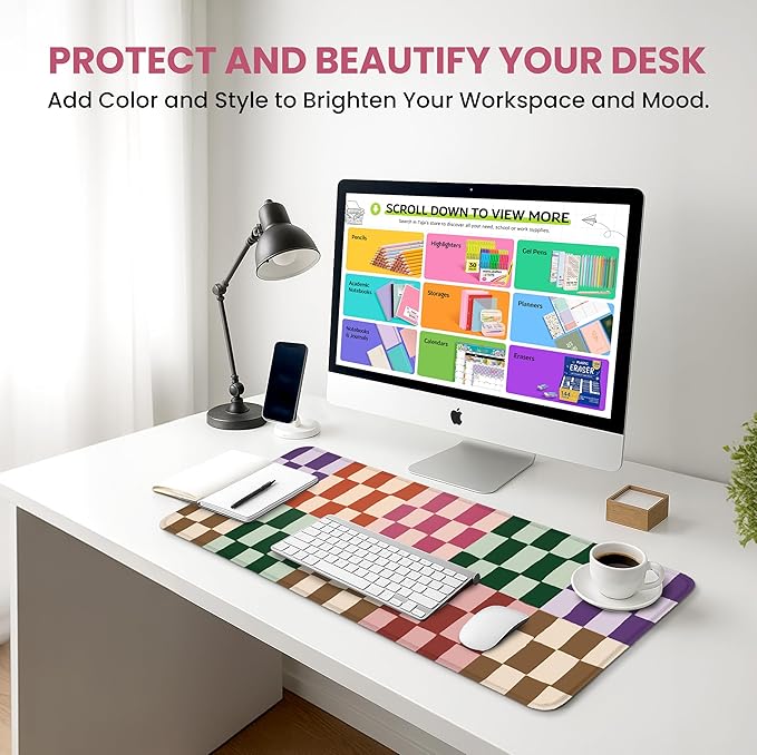 Large Mouse Pad for Desktop, Cute Desk Mat Pad Protector for Work & Gaming, Aesthetic Pretty Anti-Slip Laptop Blotter Cover for Office School Home Supplies, Checkered, 31.5" x 11.8"